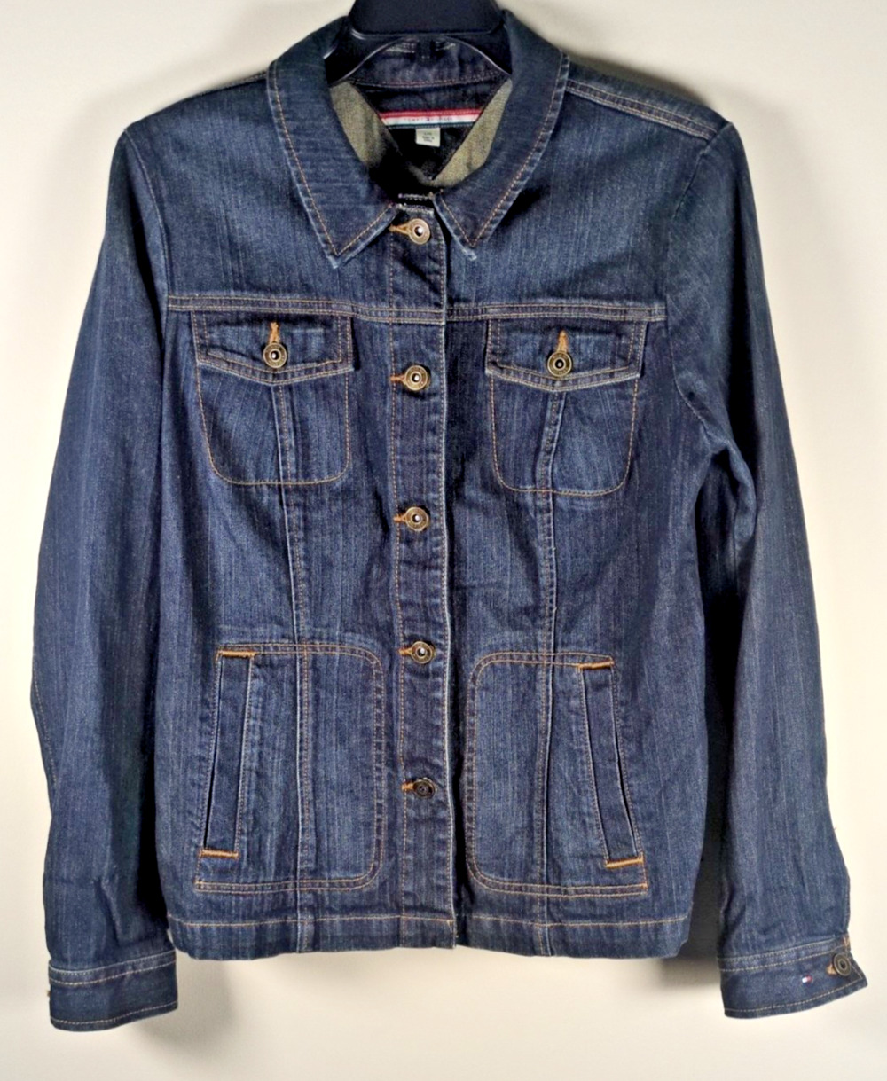 Tommy Hilfiger Womens Trucker Denim Jacket L Blue Dark Wash Stretch Button Front
